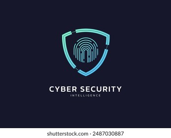 Cyber security intelligence data protection shield with Fingerprint Scanner in shape vector logo design concept. Abstract shield security icon logotype symbol for ID protection, privacy solution, ui.