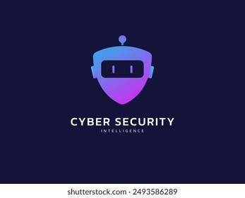 Cyber security intelligence data protection shield with robot face symbol vector logo design concept. Abstract shield security icon logotype symbol for ID protection, privacy solution, ui, ai tech.