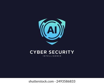 Cyber security intelligence data protection shield with ai technology circle analysis vector logo design concept. Abstract shield security icon logotype symbol for ID protection, privacy solution, ui.