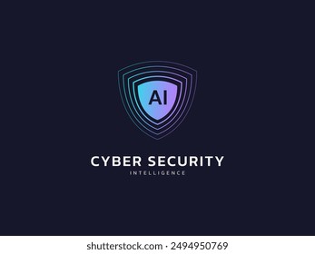 Cyber security intelligence data protection shield with AI lines technology analysis vector logo design concept. Artificial intelligence shield logotype symbol for advance technology, identity, ui.