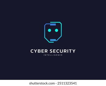 Cyber security intelligence data protection shield with Geometric Robot face symbol vector logo design concept. Abstract shield security icon logotype symbol for ID protection, privacy solution, ui.