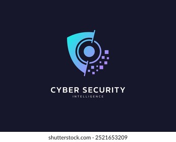 Cyber security intelligence data protection shield with robot eye scan and Analysis technology logo vector design concept. Abstract shield security icon logotype symbol for privacy, ui, ai tech, web.