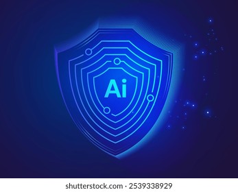 Cyber security intelligence data protection shield with letter AI in shield circuit board lines Technology Wave Moving Analysis vector design concept. AI technology for advance technology, robotic, ui