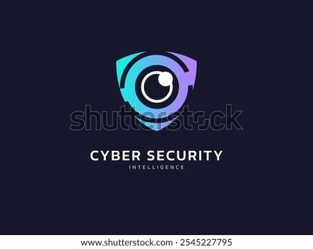 Cyber security intelligence data protection shield with robot eye scan and Analysis technology logo vector design concept. Abstract shield security icon logotype symbol for ID protection, ui, new tech