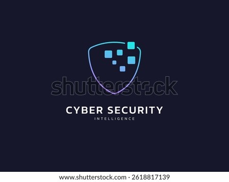 Cyber security intelligence data protection shield with digital squares movement vector logo design concept. Abstract shield security icon logotype symbol for ID protection, privacy solution, ui, web