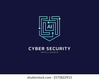 Cyber security intelligence with Letter AI in protection shield circuit board lines vector logo design concept. Abstract shield security icon logotype symbol for ID protection, ui, privacy solution.