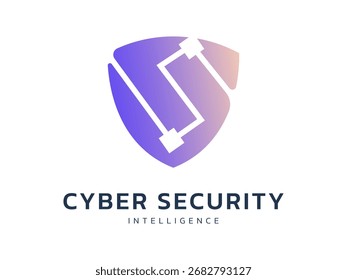 Cyber security intelligence protection with overlapping circuit board letter S word meaning security in shield shape technology logo vector design concept. Abstract shield logotype for ui, website.