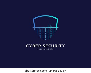 Cyber security intelligence protection shield with AI Technology data scan vector logo design concept. Artificial intelligence shield logotype symbol for advance technology, identity, ui, new tech.