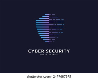 Cyber security intelligence protection shield with AI Technology data scan vector logo design concept. Artificial intelligence shield logotype symbol for advance technology, identity, ui, new tech.