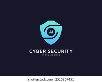 Cyber security intelligence protection shield with AI in shield symbol Technology vector logo design concept. Artificial intelligence shield logotype symbol for advance technology, identity, ui, web.