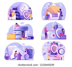 Cyber security and internet file storage protection UI scenes for website and mobile applications. Online privacy cloud data management illustration in gradient flat design.