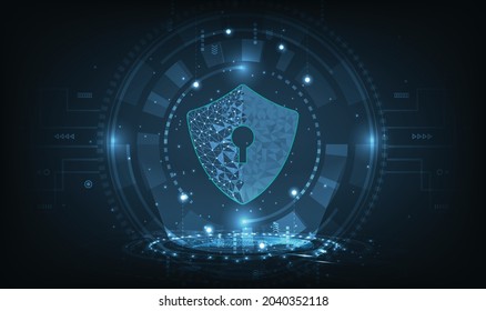 Cyber security and internet network protection concept.Computer protection virus attack with shield Keyhole icon on dark Blue background.Vector illustration Eps10.
