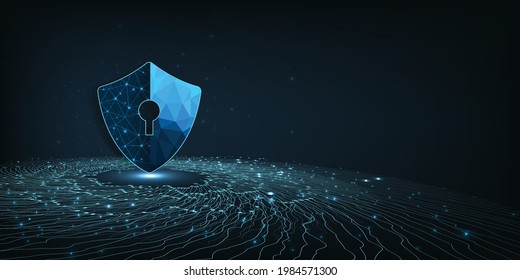 Cyber security or Internet network  protection.Shield symbol on dark blue background.Illustrates cyber data security.Vector illustration 3D protection. 
