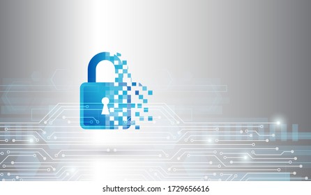 Cyber security internet and networking concept. Abstract circuit board on the grey background. Data protection privacy concept. Futuristic broken padlock and internet technology networking connection