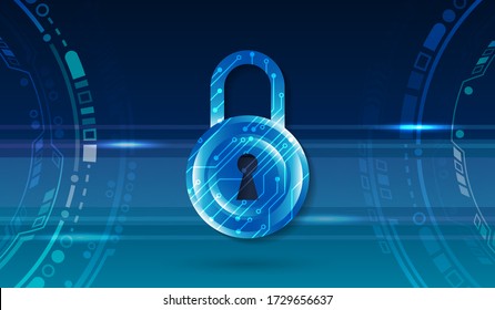 Cyber security internet and networking concept. Abstract circuit board on the blue background. Data protection privacy concept. Futuristic padlock icon and internet technology networking connection.