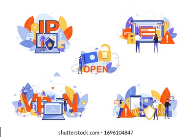 Cyber-Sicherheit, Internet, vpn, ip, Data Protection Set Konzept. Menschen Männer Frauen Programmierer mit sicherem Internet. Datenschutz, Privatsphäre. VPN für die Sicherheit. Illustration zur Cybersicherheit. IP-Adresse.