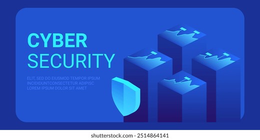 Conceito isométrico de cibersegurança. Antivírus, criptografia, proteção de dados na nuvem. Desenvolvimento de software. Internet segura. As informações on-line protegem. Plano de fundo vetorial de tecnologia digital.