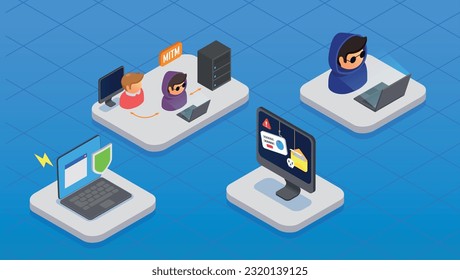 Cyber security isometric concept with hacker attacks symbols vector illustration