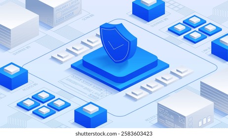 Cyber security isometric concept. Protection within a data security framework. Modern technological aesthetics and network security essentials. Blue shield cybersecurity. Vector illustration. 