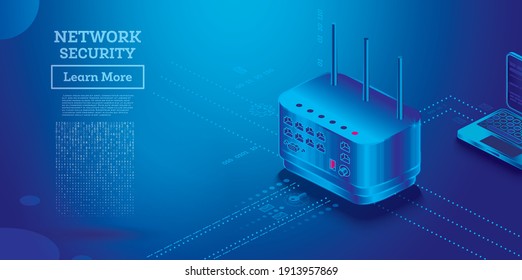 Cyber Security Isometric Concept. Vector Illustration. Gateway Preventing Cyber Attacks. Protecting Data and Confidentiality. Security Services. Threat Prevention in LAN.