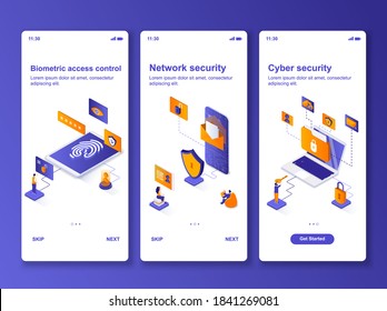 Cyber security isometric design kit. Biometric access control and identification, network security templates for mobile app. UI UX onboarding screens. Vector illustration with tiny people characters.