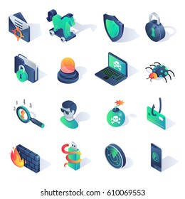 Cyber Security Isometric Flat Icons. Vector Illustration