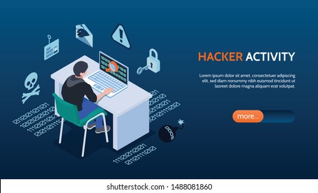 Cyber security isometric horizontal banner with hacker sitting in front of computer on blue background 3d vector illustration