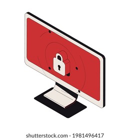 Icono isométrico de ciberseguridad con bloqueo en el monitor de computadora Ilustración vectorial 3d