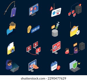 Cyber security isometric icons set with hacker attack symbols isolated vector illustration