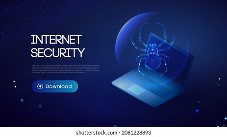 Cyber security isometric illustration. Laptop isometric with virus spider detected. Digital technology data protection.