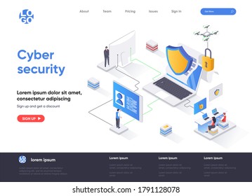 Cyber Security Isometric Landing Page. Internet Privacy, Password Access, Firewall Software And Identification Isometry Web Page. Website Flat Template, Vector Illustration With People Characters.