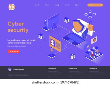 Cyber security isometric landing page. Internet privacy, password access, firewall software and identification isometry web page. Website flat template, vector illustration with people characters.