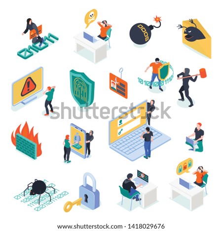 Cyber security isometric set of malicious software and hacker activity isolated  icons vector illustration