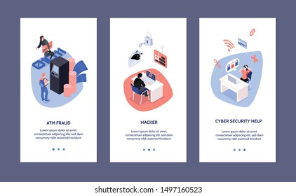 Cyber security isometric vertical banners set with atm fraud and hacker attack icons 3d isolated vector illustration