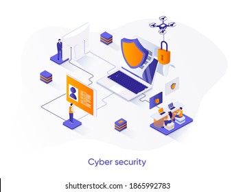 Cyber security isometric web banner. Network and data protection isometry concept. Firewall software 3d scene, Internet privacy and identification design. Vector illustration with people characters.