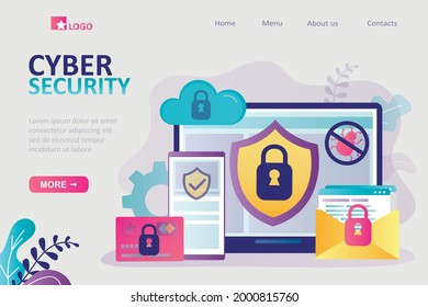 Cyber security, landing page template. User account, credit card and mail protected from internet viruses. Protection from hackers, phishing and fraud. Flat vector illustration