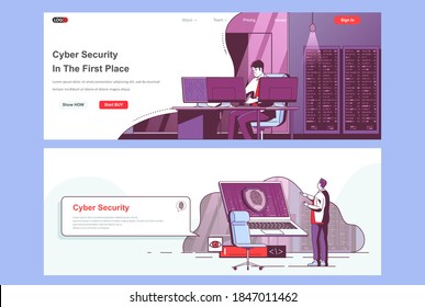 Cyber-Sicherheitslandeseiten gesetzt. Website für Cybersicherheit und Management von Unternehmen. Flache Vektorgrafik mit Menschen-Zeichen. Webkonzept als Header, Fußzeile oder mittleren Inhalt verwenden.