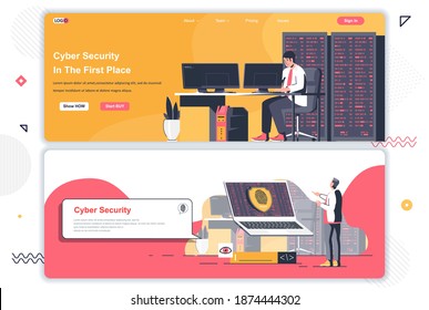 Cyber-Sicherheitslandeseiten gesetzt. Website für Cybersicherheit und Management von Unternehmen. Flache Vektorgrafik mit Menschen-Zeichen. Webkonzept als Header, Fußzeile oder mittleren Inhalt verwenden.