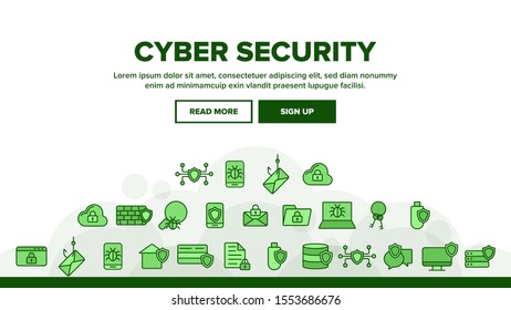 Cyber Security Landing Web Page Header Banner Template Vector. Cyber Security, Information Protection. Cyberspace Safety, Cyber Crimes, Computer Defense Software, Limited Access Illustration
