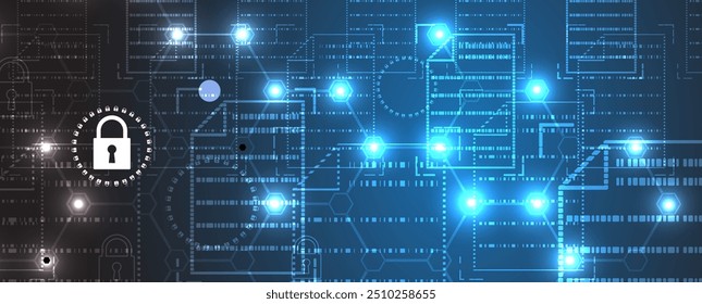 Cyber security landscape with glowing holographic folgers and data layers