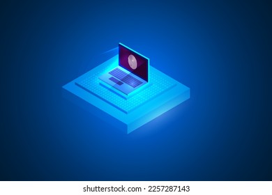 cyber security laptop on CPU innovation futuristic binary code technolgoy abstract.