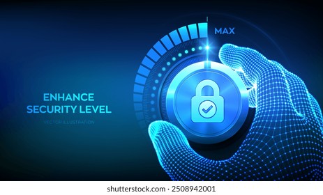 Los niveles de seguridad cibernética controlan el Botón. Aumentar el nivel de protección de datos. Mano de alambre girando una perilla de prueba segura con el icono de la cerradura a la posición máxima. Concepto de seguridad de red. Ilustración vectorial.