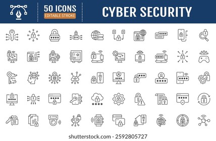 Cyber Security Line Editable Icon set. Containing data
protection, secure, security, antivirus, password,
accessibility, phishing, cyber crime, online privacy and
more. Vector Illustration