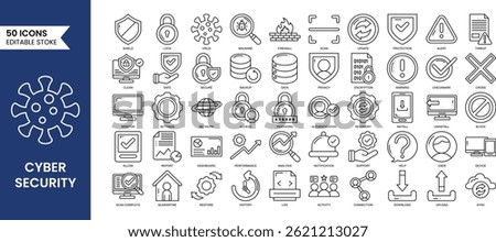 Cyber security line editable icon set. Data protection, malware, security, firewall, scan, secured network icon collection. Vector illustration