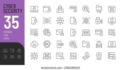 Cyber Security Line Editable Icons set. Vector illustration in thin line modern style of cyber protection related icons: personal data protection, passwords, types of cyber dangers, and more.