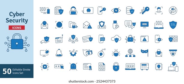 Linha De Segurança Cibernética Editável Traço Ícones Definido. Tecnologia, Phishing, Hacking, Crime cibernético, Segurança, Privacidade móvel, Bloqueador bancário, Cavalo de Troia, Proteção de dispositivos, Ilustração de vetor de privacidade.