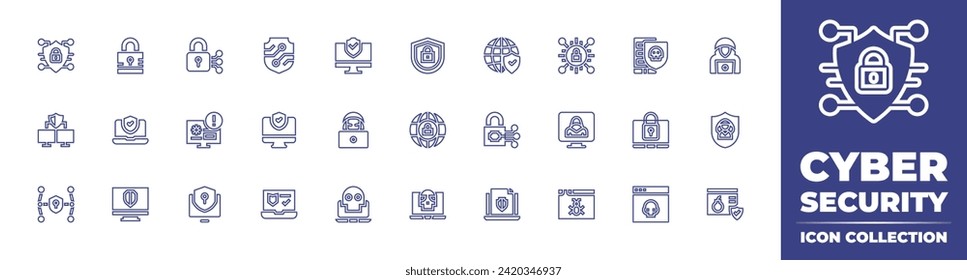 Cyber security line icon collection. Editable stroke. Vector illustration. Containing cyber security, internet security, padlock, shield, unprotected, hacker, network, computer, anonymous, lock.