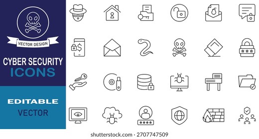 Cyber security line icon pack expressing, technology, network, computer, lock, antivirus, password, privacy, secure login, shield, key, padlock, secure, phishing and more. Vector illustration.