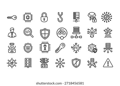 Conjunto de iconos de línea de seguridad cibernética. Trazo editable.