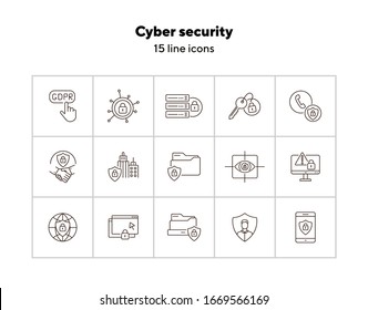 Conjunto de iconos de la línea de seguridad cibernética. Base de datos, seguridad nacional, privacidad, bloqueo del módulo de signos de esquema aislado. Concepto de protección de datos. Elementos de símbolo de ilustración vectorial para diseño web y aplicaciones